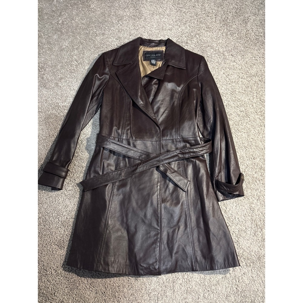 Centigrade Leather Trench Coat Brown Genuine Leather Belted Jacket Womens Medium